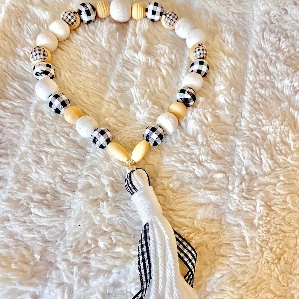 NEW Wood Bead Garland with Plaid Tassels